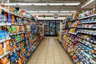 A fully-stocked 7-Eleven franchise aisle.