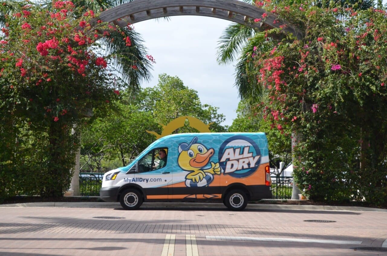 An All Dry franchise commercial van parked under an arch with flowering plants.