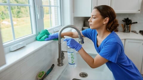 Woman in blue Ecomaids uniform and gloves using eco-friendly cleaning spray and cloth to clean the kitchen window sill.